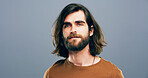 Happy, portrait and man with smile, studio and positive mindset for career growth, creative and business. Gray background, mockup space and writer person with freelancer, professional and confidence