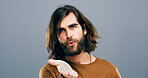 Blowing kiss, studio and portrait of man with reaction for flirting, romance and affection on blue background. Happy, hand gesture and isolated person with emoji for love, dating and valentines day