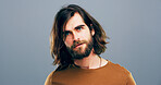 Face, portrait and man with smile, studio and positive mindset for career growth, creative and business. Gray background, mockup space and writer person with freelancer, professional and confidence