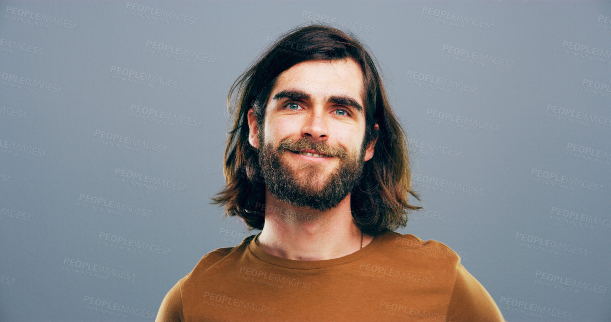 Buy stock photo Proud, portrait and man with smile, studio and positive mindset for career growth, creative and business. Gray background, mockup space and writer person with freelancer, professional and confidence