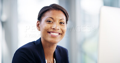 Buy stock photo Smile, computer and portrait of business woman for receptionist, company report and research. Planning, feedback and email with African person in agency for website, administration and review
