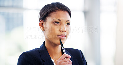Buy stock photo African woman, lawyer and thinking in office with pen for investigation, lead or link info for court case. Person, advocate or attorney with insight, perspective or decision for job at law firm