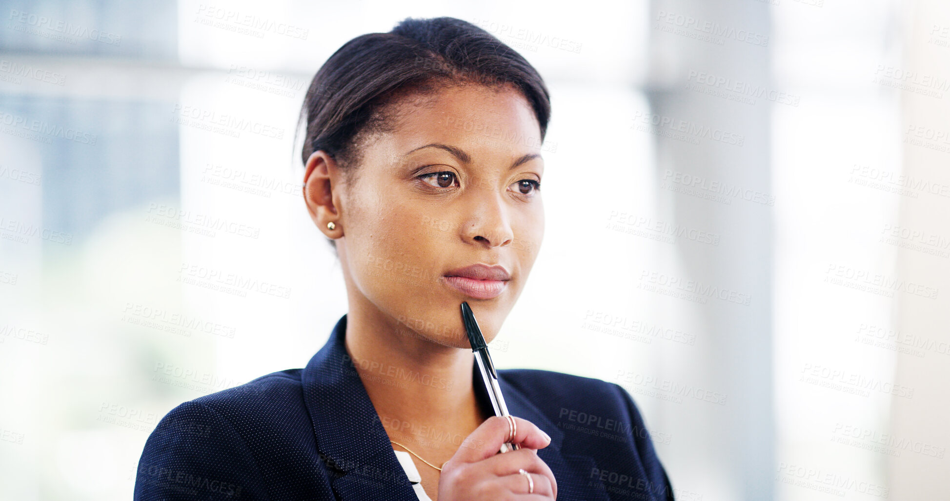 Buy stock photo African woman, lawyer and thinking in office with pen for investigation, lead or link info for court case. Person, advocate or attorney with insight, perspective or decision for job at law firm