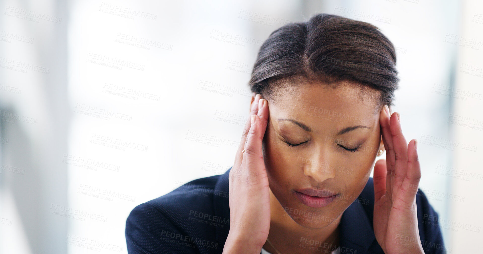 Buy stock photo Office, businesswoman and pain with headache for stress, accountant or fatigue for missed deadline. Career, female person or financial consultant with migraine for burnout, pressure or massage temple