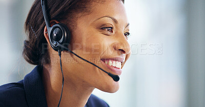 Buy stock photo Office, businesswoman and smile with headset for customer service, telemarketing and support for sales. Call center, African, female person and consultant with mic for feedback, listening and helping
