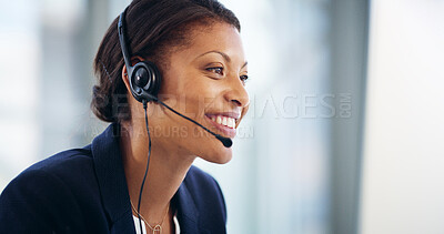 Buy stock photo Consultant, African woman or smile for customer service, telemarketing sales or support. Call center, headset and virtual assistant with mic for feedback, listening and helping for CRM communication