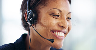 Buy stock photo Office, businesswoman and happy with headset for customer service, telemarketing and support for sales. Call center, African female person and consultant with mic for feedback, listening and helping