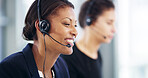 Consulting business, happy woman or smile for customer service, telemarketing sales or support. Call center, consultant or virtual assistant with headset for feedback, listening or for communication