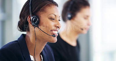 Buy stock photo Consulting business, happy woman or smile for customer service, telemarketing sales or support. Call center, consultant or virtual assistant with headset for feedback, listening or communication