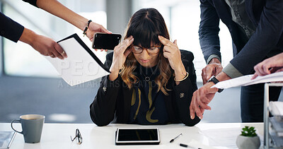 Buy stock photo Businesswoman, hands and headache of stress for multitasking with workload anxiety, chaos and deadline. Bad time management, person and overwhelmed with pressure, paperwork procrastination and demand