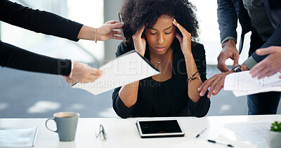 Buy stock photo Business woman, stress and headache for multitasking in office with workload pressure, phone call and deadline. Time management, hands and overwhelmed with demand, chaos and paperwork procrastination