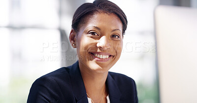 Buy stock photo Research, computer and portrait of business woman for receptionist, company report and smile. Planning, feedback and email with African person in agency for website, administration and review