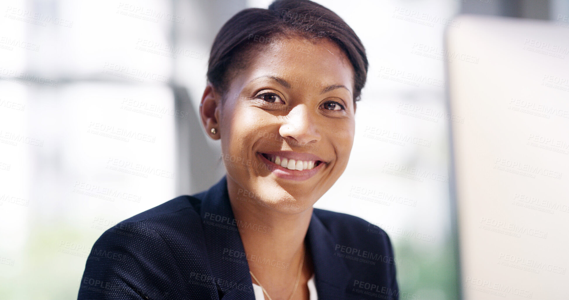 Buy stock photo Research, computer and portrait of business woman for receptionist, company report and smile. Planning, feedback and email with African person in agency for website, administration and review