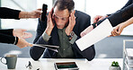 Business man, hands or headache for multitasking in office with corporate pressure, procrastination or anxiety. Bad time management, employer or overwhelmed with stress, phone call or report deadline