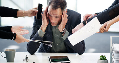 Buy stock photo Business man, hands or headache for multitasking in office with corporate pressure, procrastination or anxiety. Bad time management, employer or overwhelmed with stress, phone call or report deadline