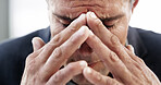 Mature businessman, headache and hands in closeup with stress, mistake or recession at financial agency. Person, pain and migraine with worry, depression and burnout with market crash at company