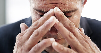 Buy stock photo Mature businessman, headache and hands in closeup with stress, mistake or recession at financial agency. Pain, migraine and person with depression, doubt and burnout with market crash at company