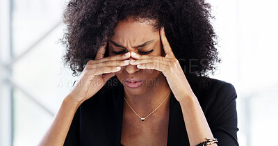 Buy stock photo Business, woman and headache from stress in office with fatigue, project mistake and corporate burnout. African, person and tired with migraine from brain fog, work pressure and anxiety for deadline
