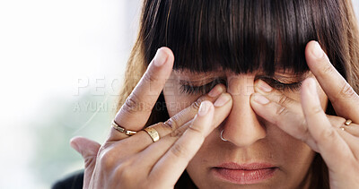 Buy stock photo Business, woman and migraine from stress in office with fatigue, project mistake and corporate burnout. Closeup, person and tired with headache from brain fog, work pressure and anxiety for deadline