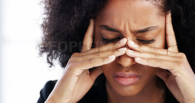 Buy stock photo Corporate, woman and headache from stress in office with fatigue, project mistake and burnout disaster. African, person and tired with migraine from brain fog, work pressure and anxiety for deadline