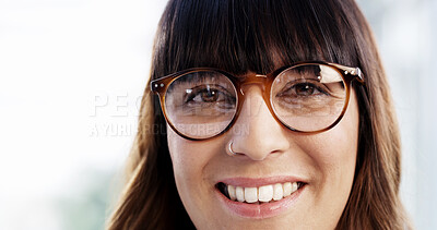 Buy stock photo Eye care, happy and woman with glasses vision for eyesight, designer frame or prescription lens. Optometry, person and portrait with eyewear for wellness, optical correction and smile with spectacles