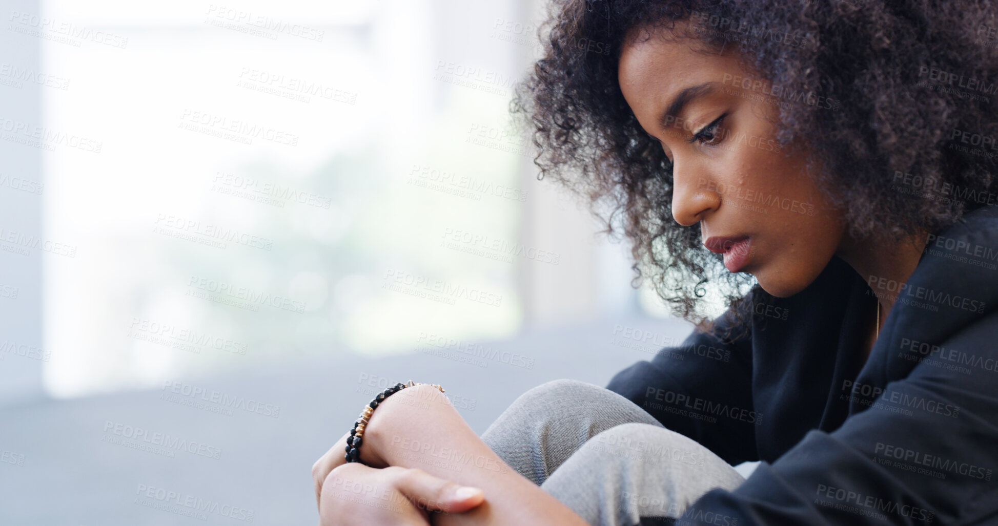 Buy stock photo Grief, thinking and woman with depression at house for loneliness, remember past and trauma challenges. Space, person and anxiety from stress flashback, mourning loss and  self doubt for sad memory