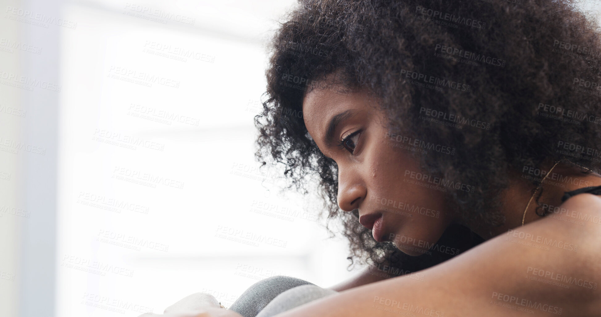 Buy stock photo Sad, thinking and girl with depression at house of loneliness, remember past or trauma challenges. African, person and anxiety from stress flashback, mourning loss and self doubt with grief of memory
