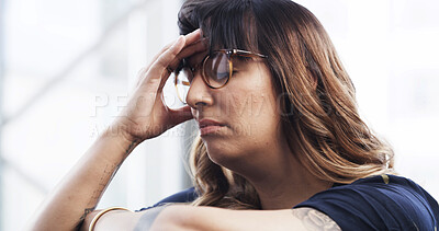 Buy stock photo Sad, woman and headache from stress at house for financial crisis, bankruptcy risk and burnout disaster. Person, migraine and brain fog with depression, debt challenge and overthinking for solution