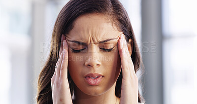 Buy stock photo Woman, stress and headache with hands in office, worry and regret for mistake with burnout at startup company. Person, migraine and chronic pain with deadline, exhausted and tired at creative agency