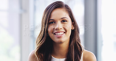 Buy stock photo Happy, business and woman with portrait in office for ambition, accounting career and about us. Smile, female accountant and pride with intern opportunity, financial organisation and asset management