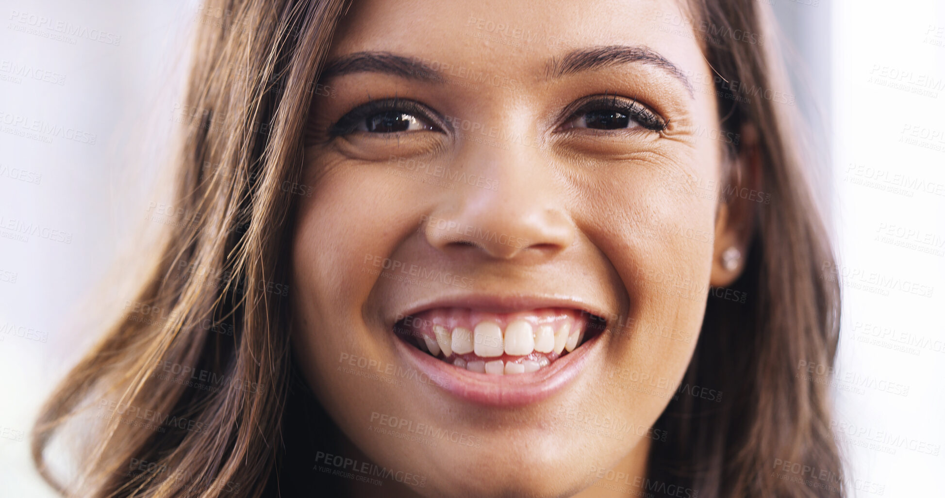 Buy stock photo Portrait, woman and smile for dental hygiene with teeth whitening, braces results and oral care. Happy, female person and mouth for cleaning service, veneer treatment and gum health at dentist office