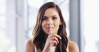 Buy stock photo Woman, portrait and whisper with finger on lips at office for rumor, gossip or secret. Face, female person or employee with confidential information, privacy or gesture for quiet, silence or hush