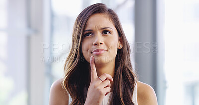 Buy stock photo Student, thinking and girl in home for choice, education or brainstorming for learning project. College woman, decision and female person daydreaming for knowledge, ideas or planning future.