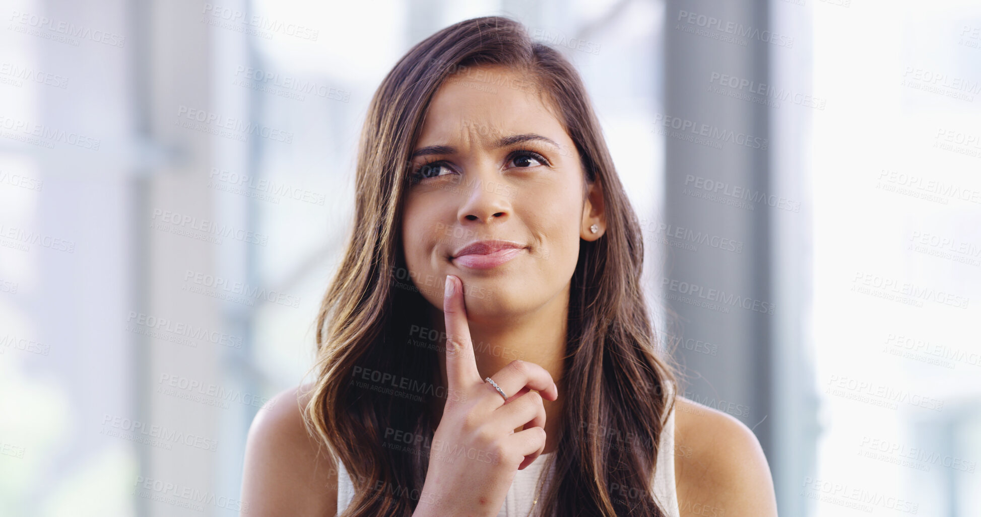 Buy stock photo Student, thinking and girl in home for choice, education or brainstorming for learning project. College woman, decision and female person daydreaming for knowledge, ideas or planning future.