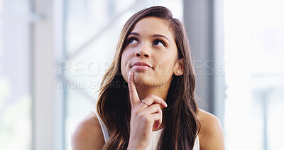 Buy stock photo Student, thinking and woman in home for space, education or brainstorming for learning choice. Creative girl, decision and female person daydreaming for knowledge, ideas or planning future career