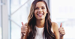 Office, businesswoman and smile with hands for thumbs up, agreement and motivation with emoji sign. Workplace, female person and happy consultant with yes for feedback, service approval and support