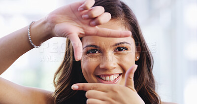 Buy stock photo Portrait, business woman and hand frame for photography, profile picture and creative perception in startup. Face, person and finger shape for perspective vision, sign or smile with gesture in office