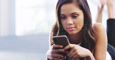 Buy stock photo Home, woman and relax with smartphone for chat, communication and message for online contact. House, female person and reading with mobile for news application, blog website and social media by space