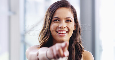 Buy stock photo Office, businesswoman and portrait with pointing for hiring, recruitment agency and choice for manager. Workplace, female person and smile with hand gesture for selection, decision or you for startup