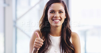 Buy stock photo Office, businesswoman and portrait with hands for thumbs up, agreement and motivation with emoji like. Workplace, female person and happy consultant with yes for feedback, service approval or support