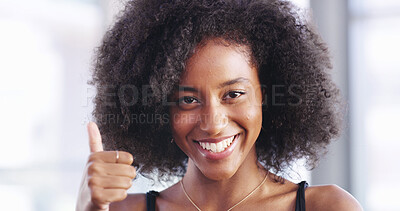 Buy stock photo Woman, happy and thumbs up with portrait in home for agreement, day off approval or resting success. African person, weekend and relax with like emoji for self care satisfaction or yes to free time
