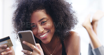 Buy stock photo Smile, woman and payment with mobile for credit card, information and banking app for ecommerce. Happiness, African  female person and typing with phone for debit details, online shopping or discount