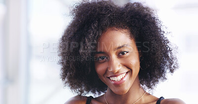 Buy stock photo Black woman, portrait and natural hair with smile for cosmetic care, wellness with afro or curly hairstyle. Texture, volume and happy for haircare with African female person for shampoo growth 