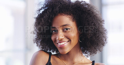 Buy stock photo Portrait, smile and woman with afro, haircare and natural cosmetics to moisture texture and condition. Happy, black person and hairstyle in salon, growth and treatment for hair to prevent dryness