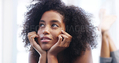 Buy stock photo Woman, relax and lying with wonder for dream, ambition or contemplation on sofa at home. Female person, thinking and thoughtful with mindfulness or sight for ideas, imagination or vision at house