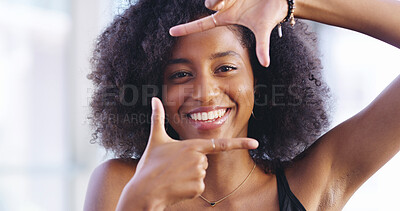 Buy stock photo Portrait, woman and hand frame for perspective, profile picture or creative perception for startup vision. African person, photography and finger shape, face or smile with gesture in business office
