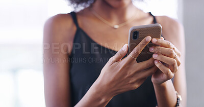 Buy stock photo Hands, phone and communication with person on technology for social media post, online review or info. Research, notification or texting for contact with connectivity, mobile app or internet download