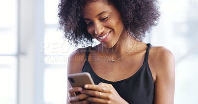 Buy stock photo Happy, black woman and phone for reading with smile for notification, social media post or online communication. Female person, mobile app for chat or check email with website review or contact
