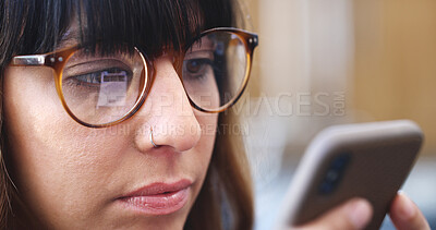Buy stock photo Woman, reading and glasses with phone for social media, optometry prescription or blue light reflection. Female person, journalist or reader with mobile smartphone or frame lens for online article