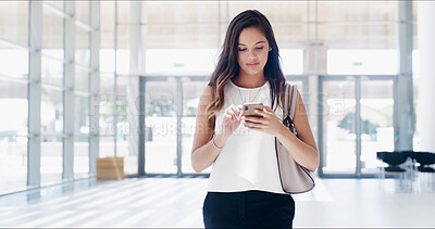 Buy stock photo Professional, woman and phone for reading with scroll for notification, social media or online communication. Female person, mobile app for chat or check email from business contact in office lobby